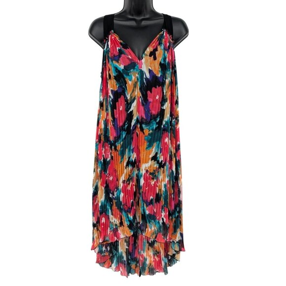 Abstract Pleated Asymmetrical Dress Colorful Art Print Flowy Boho Resort Size 6 - Picture 1 of 14